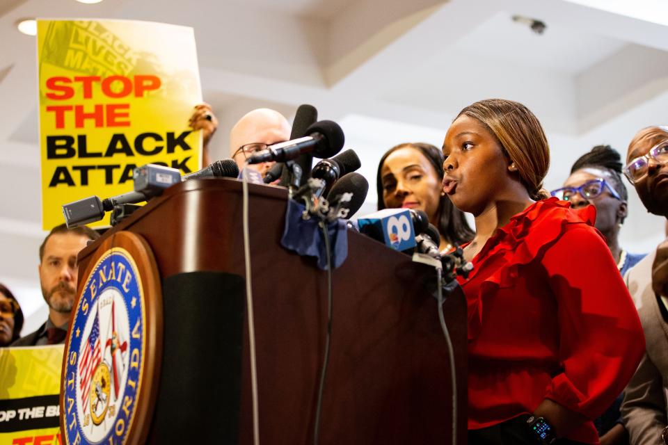 Victoria McQueen, a Leon High School student, spoke at the "Stop the Black Attack" rally in the Florida Capitol in January. McQueen contemplated suing Gov. Ron DeSantis and his administration over the ban of AP African American Studies in Florida high schools.