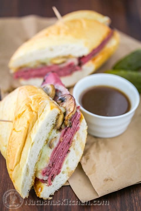 <p><span>A super easy way to switch up a French dip: Swap roast beef for pastrami.</span></p><p><span>Get the recipe from</span><span> <a rel="nofollow noopener" href="https://natashaskitchen.com/2010/10/16/french-dip-pastrami-sandwich-recipe/" target="_blank" data-ylk="slk:Natasha's Kitchen;elm:context_link;itc:0;sec:content-canvas" class="link ">Natasha's Kitchen</a>.</span><br></p>