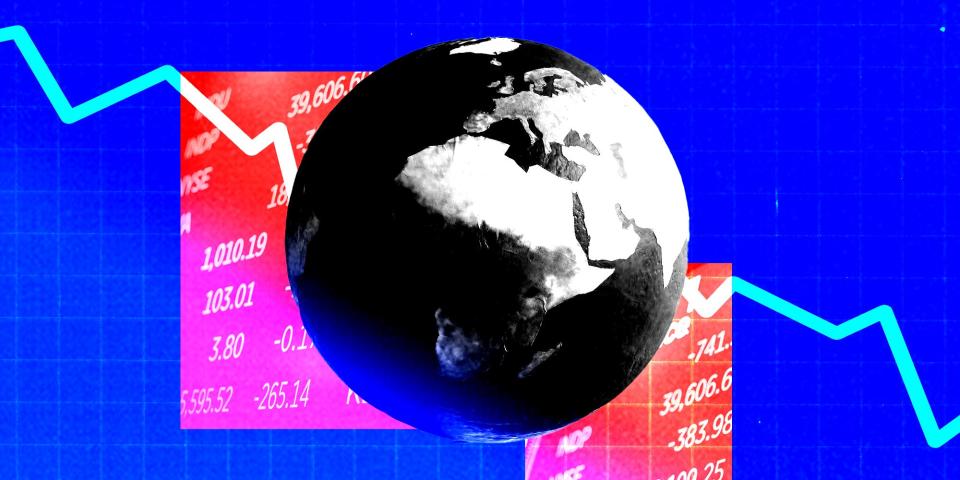 An illustration of a globe with a downward graph and stocks behind it.