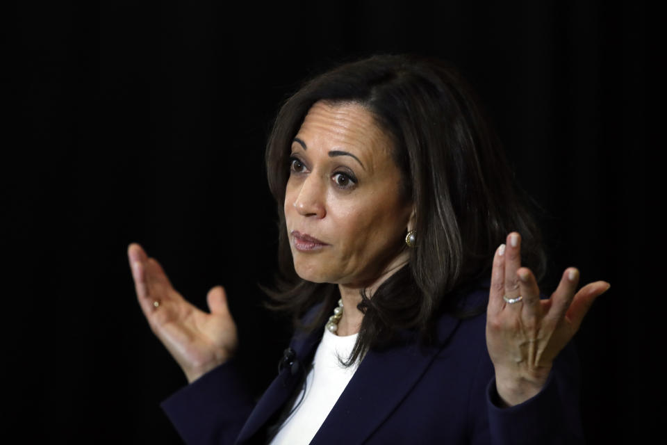 Democratic presidential candidate Sen. Kamala Harris, D-Calif., speaks during a town hall for the American Federation of Teachers in Detroit, May 6, 2019. (AP Photo/Paul Sancya)