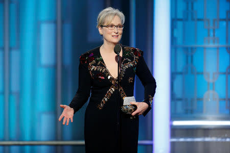 Actress Meryl Streep accepts the Cecil B. DeMille Award during the 74th Annual Golden Globe Awards show in Beverly Hills, California, U.S., January 8, 2017. Paul Drinkwater/Courtesy of NBC/Handout via REUTERS