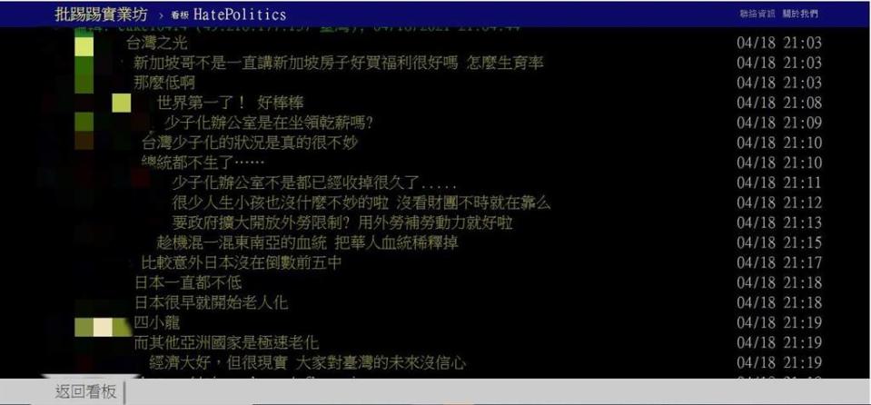 台灣生育率低下，引起網友討論。(圖 翻攝自PTT)