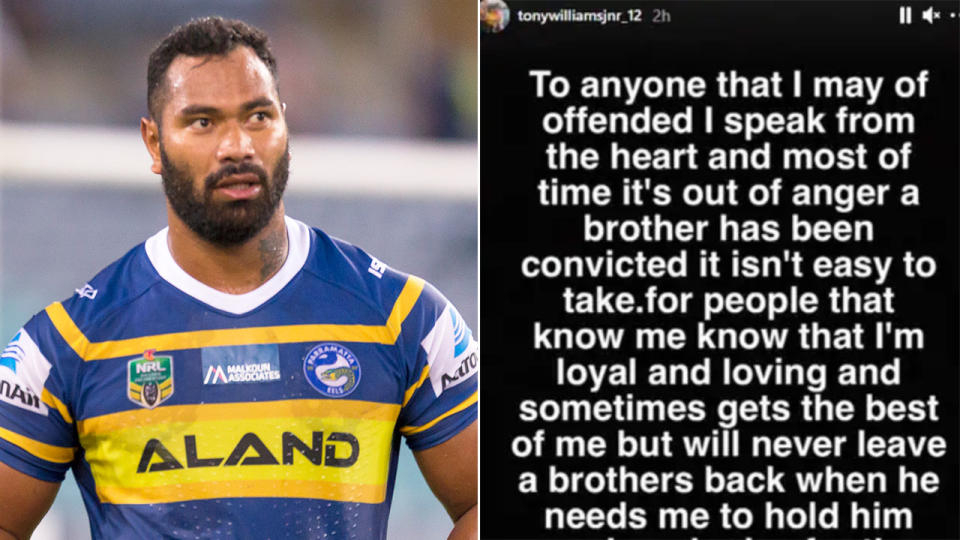 Seen here, Tony Williams says he's sorry for criticising Jarryd Hayne's victim. 