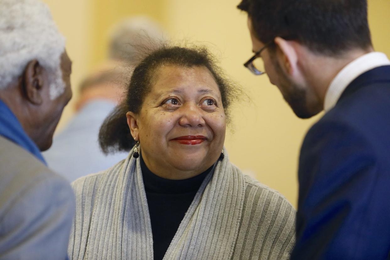 Rockford Alderwoman Linda McNeely, D-13, has died. In this file photo, McNeely, center, talks with former Alderman Victory Bell, left, and Rockford Mayor Thomas McNamara Friday, Feb. 8, 2019, during a news conference announcing a $12 million building project at Crusader Community Health in Rockford.