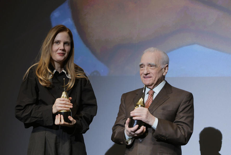 Justine Triet and Martin Scorsese receive the Outstanding Directors of the Year Award ceremony during the 39th Annual Santa Barbara International Film Festival at The Arlington Theatre on February 12, 2024 in Santa Barbara, California.