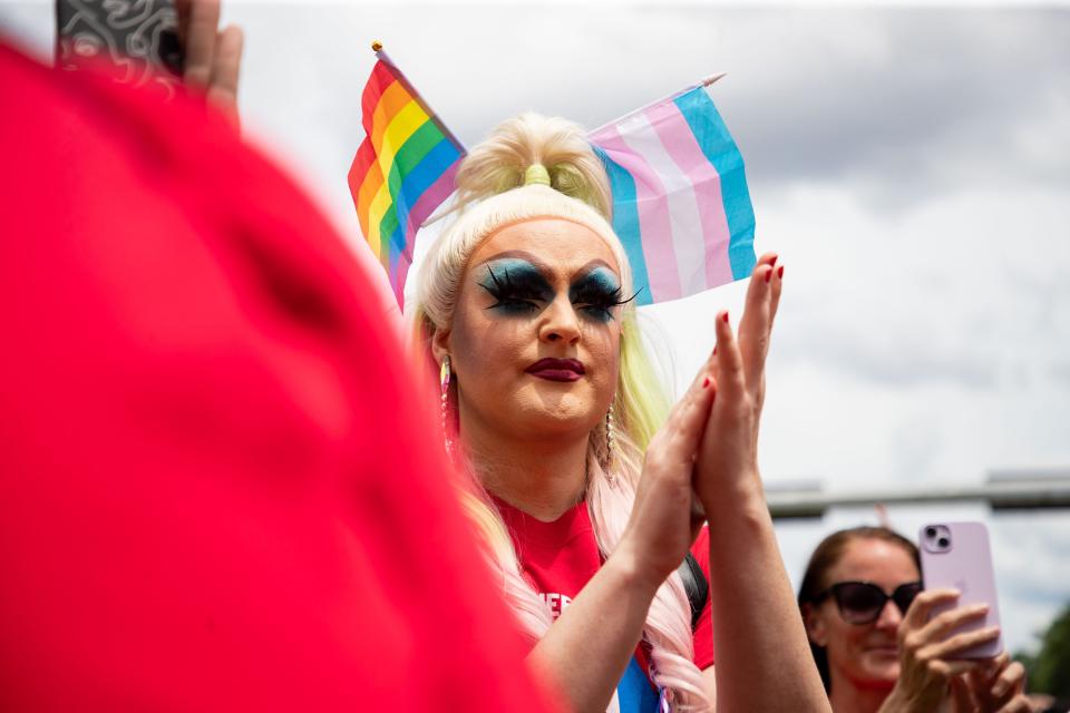 Hundreds of drag queens and allies marched from Cascades Park to the Florida Capitol where they held a rally on the steps of the Historical Capitol building to speak out in opposition to â€œcontinued attacks on the LGBTQIA+ community by Gov. Ron DeSantis and other Republican state legislators,â€ on Tuesday, April 25, 2023.