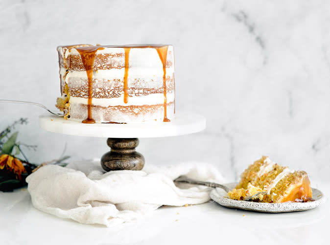 Cardamom Spiced Carrot Cake with Ginger Frosting and Caramel Drizzle