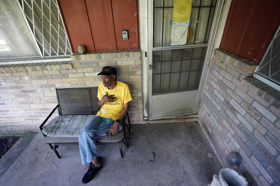 Mal Moses talks about the damage done to his home by Hurricane Harvey in 2017 and the difficulties he faced to get repairs, Thursday, Aug. 25, 2022, in Houston. A local nonprofit, West Street Recovery, ultimately helped repair his home. (AP Photo/David J. Phillip)