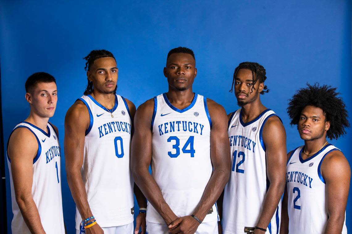 From left: Kentucky players CJ Fredrick, Jacob Toppin, Oscar Tshiebwe, Antonio Reeves and Sahvir Wheeler all have at least three years of experience in college basketball.