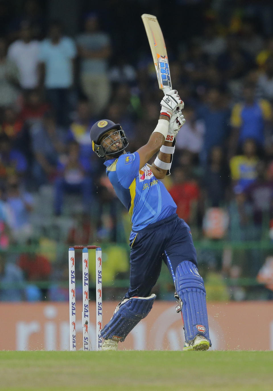Sri Lanka's Dasun Shanaka plays a shot during the third one-day international cricket match between Sri Lanka and Bangladesh in Colombo, Sri Lanka, Wednesday, July 31, 2019. (AP Photo/Eranga Jayawardena)