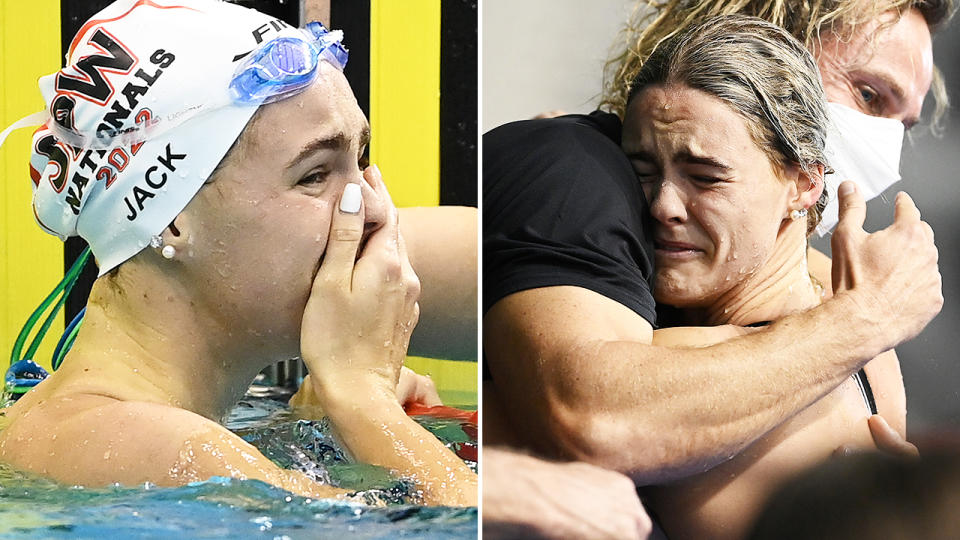 Shayna Jack, pictured here in tears after qualifying for the Australian swimming team.