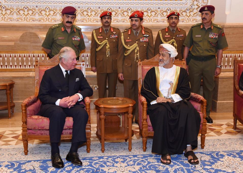 In this photo made available by Oman News Agency, Oman's new Sultan Haitham bin Tariq Al Said, right, receives The Prince of Wales after his arrival to attend the late Sultan Qaboos official mourning ceremony, in Muscat, Oman, Sunday, Jan. 12, 2020.