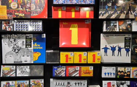 A display of Beatles albums on different formats are seen at an HMV music store in London, Britain, July 20, 2018. REUTERS/Toby Melville