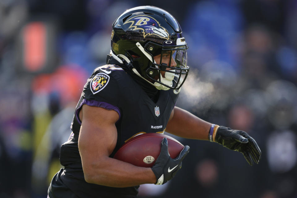 J.K. Dobbins #27 of the Baltimore Ravens is a good fantasy running back