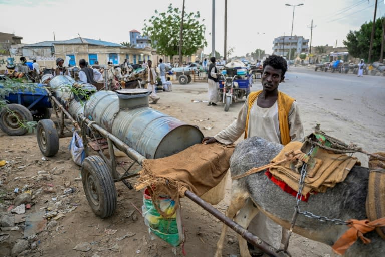 Des habitants font la queue pour remplir des réservoirs d'eau tirés par des ânes lors d'une crise de l'eau à Port-Soudan, le 9 avril 2024 au Soudan (-)