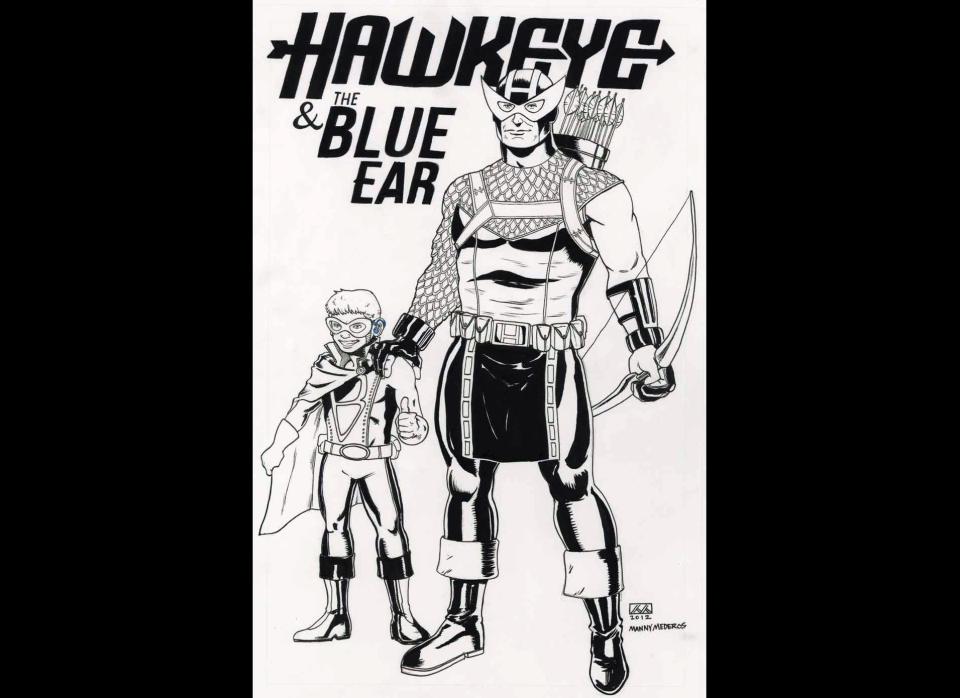 Production artist <a href="http://www.mannymederos.com/post/23118612333" target="_hplink">Manny Mederos</a> designed the image of Hawkeye and The Blue Ear as a young boy. (Marvel Entertainment)  