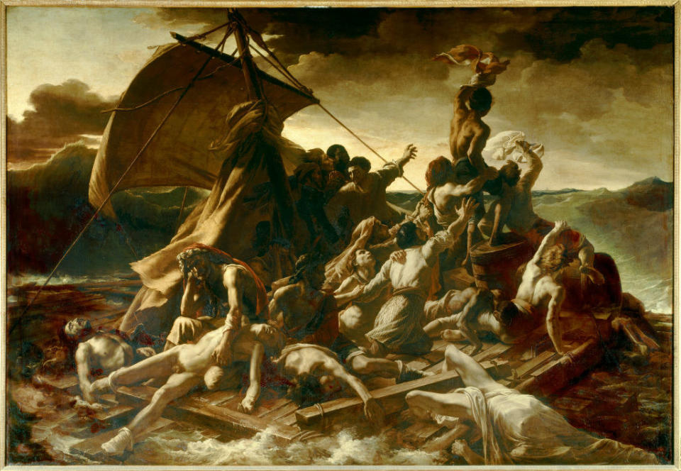 A painting showing shipwreck survivors on a raft, many appearing desperate or lifeless, with one man waving a cloth signal. The sea and sky appear stormy