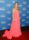 <p>The Black Widow star wore a coral maxi dress to the Virtuosos Award presentation, January 2020.</p>