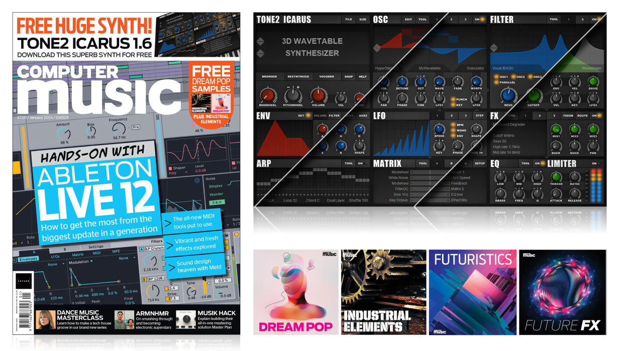  Image of Computer Music magazine cover with included sample packs and free software. 