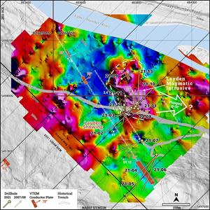 Current and historical drilling over unprocessed recently collected total field ground magnetics.