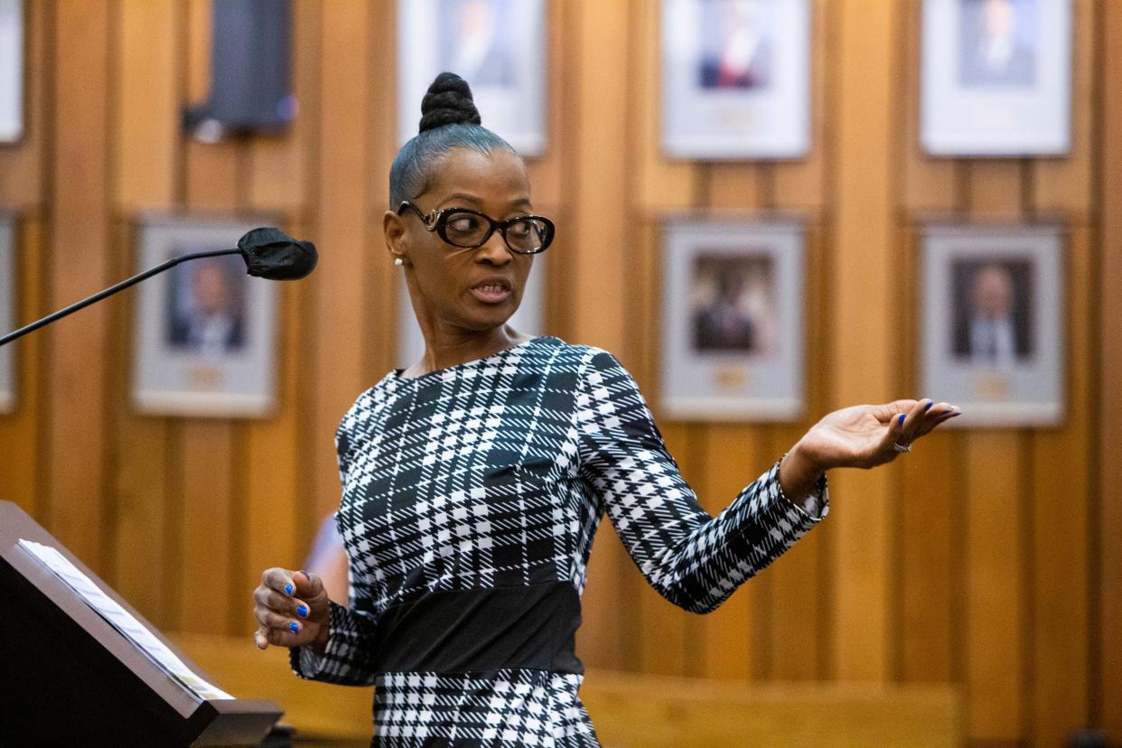 Shelby County Clerk Wanda Halbert gestures to her team while speaking during a Shelby County Board of Commissioners budget committee meeting in Downtown Memphis, on Wednesday, May 1, 2024.