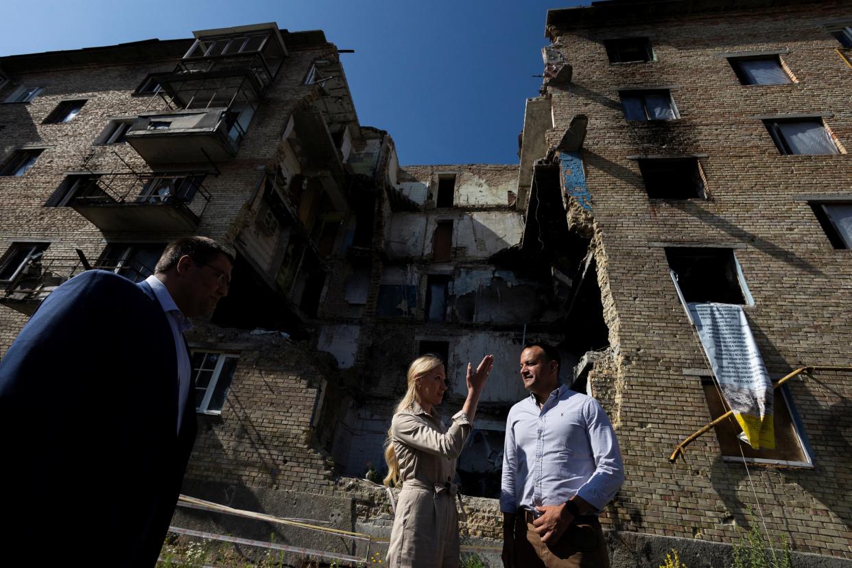 Leo Varadkar is shown destroyed buildings in Kyiv (Clodagh Kilcoyne/PA Wire)
