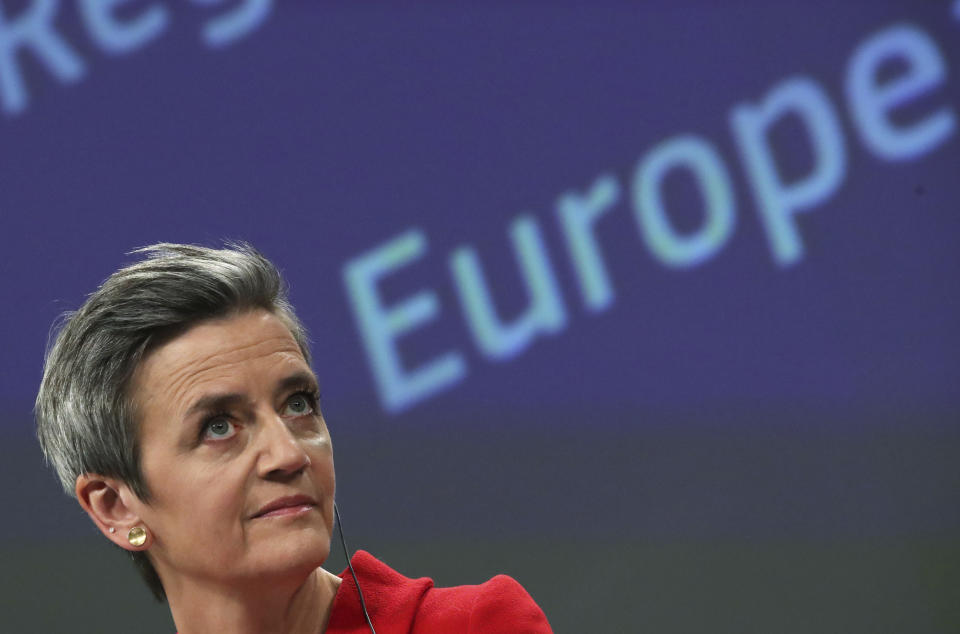 European Commission Vice President Margrethe Vestager speaks during a media conference on the proposal for a Regulation to address distortions caused by foreign subsidies in the Single Market and on the European Industrial Strategy Update at EU headquarters in Brussels, Wednesday, May 5, 2021. (Yves Herman, Pool via AP)