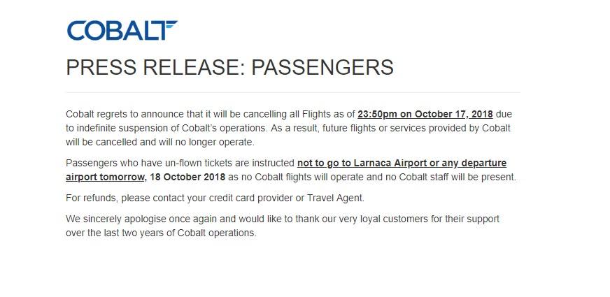 Ground to a halt: Cobalt Air issued a statement announcing to customers that operations have been suspended indefinitely. (Cobalt Air )