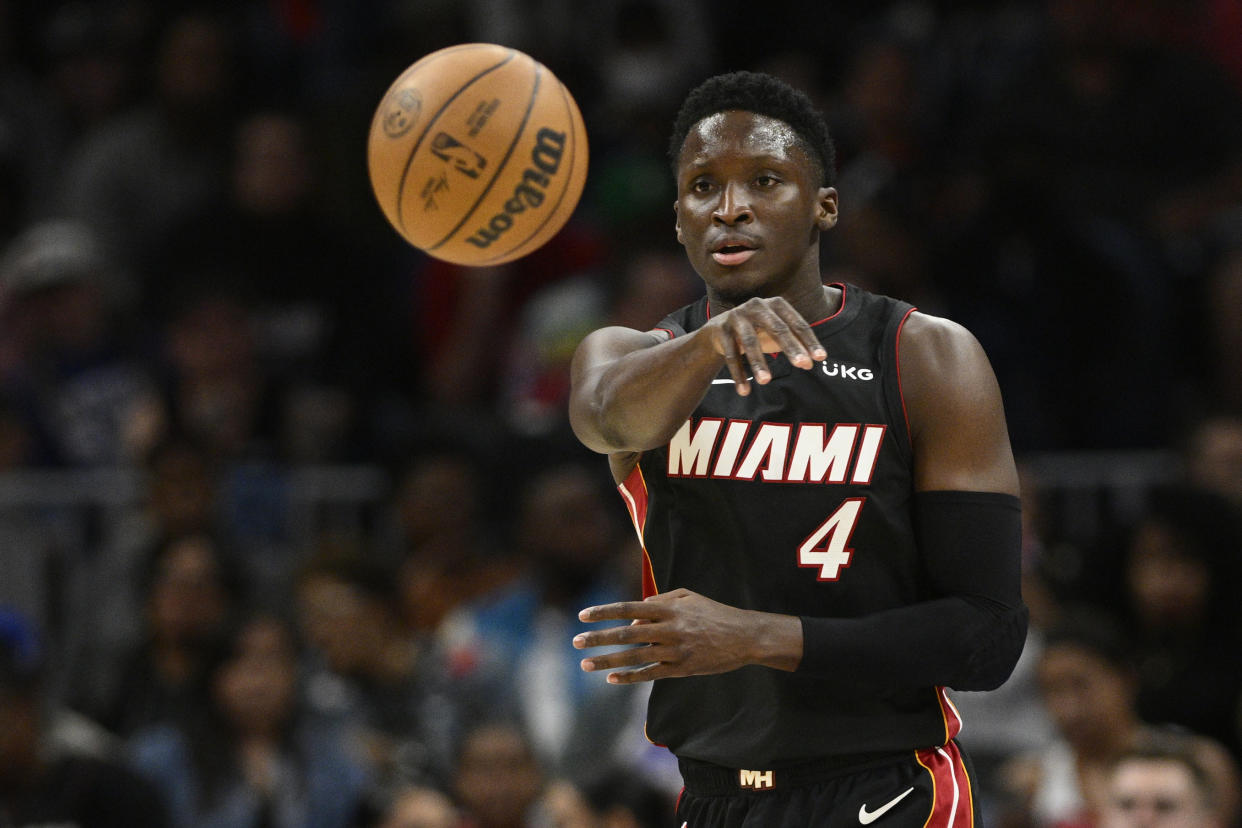 Miami Heat guard Victor Oladipo (4) in action during the first half of an NBA basketball game against the Washington Wizards, Friday, April 7, 2023, in Washington. (AP Photo/Nick Wass)