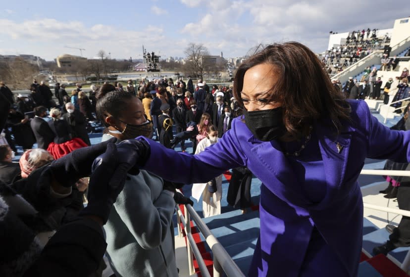 WASHINGTON, DC - JANUARY 20: U.S. Vice President Kamala Harris leaves after she was inaugurated along with President Joe Biden on the West Front of the U.S. Capitol on January 20, 2021 in Washington, DC. During today's inauguration ceremony Joe Biden becomes the 46th president of the United States. (Photo by Jonathan Ernst-Pool/Getty Images)