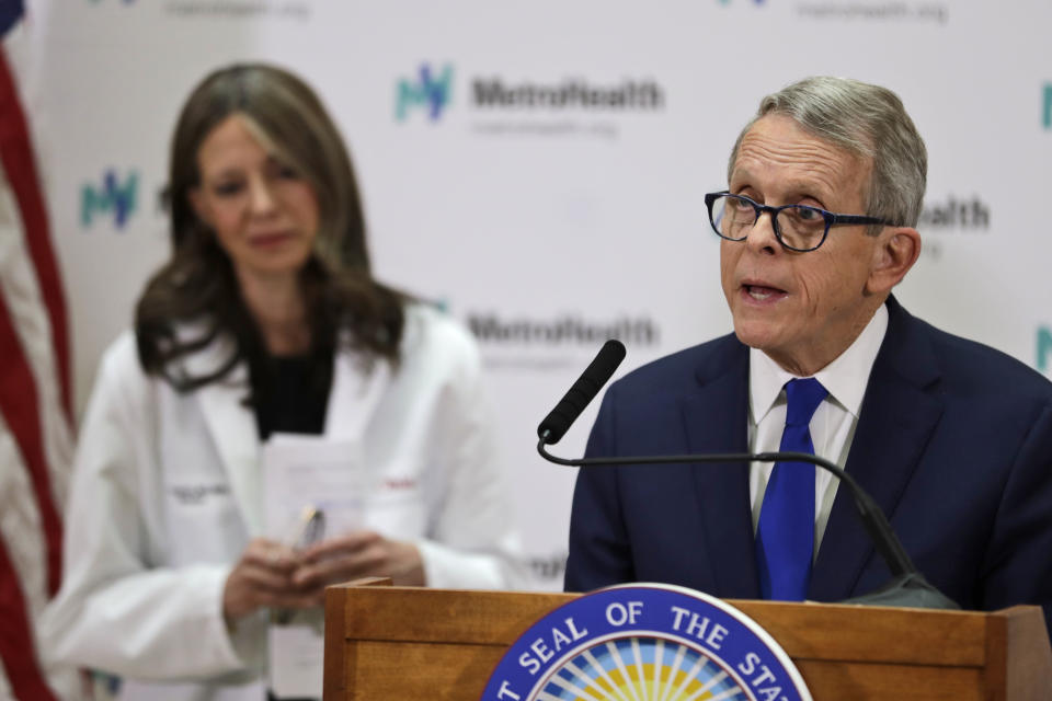 Ohio Governor Mike DeWine gives an update at MetroHealth Medical Center on the state's preparedness and education efforts to limit the potential spread of a new virus which caused a disease called COVID-19, Thursday, Feb. 27, 2020, in Cleveland. (AP Photo/Tony Dejak)