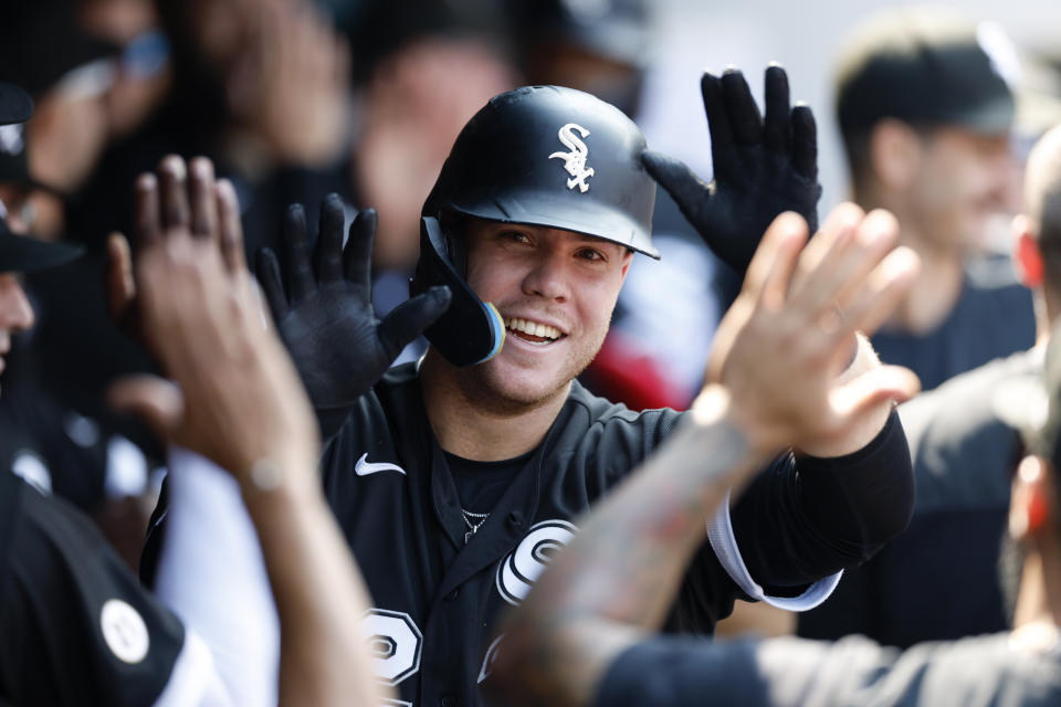 Chicago White Sox's Gavin Sheets celebrates in the dugout after hitting a two-run home run off Cleveland Guardians starting pitcher Hunter Gaddis during the second inning of a baseball game, Thursday, Sept. 15, 2022, in Cleveland. (AP Photo/Ron Schwane)