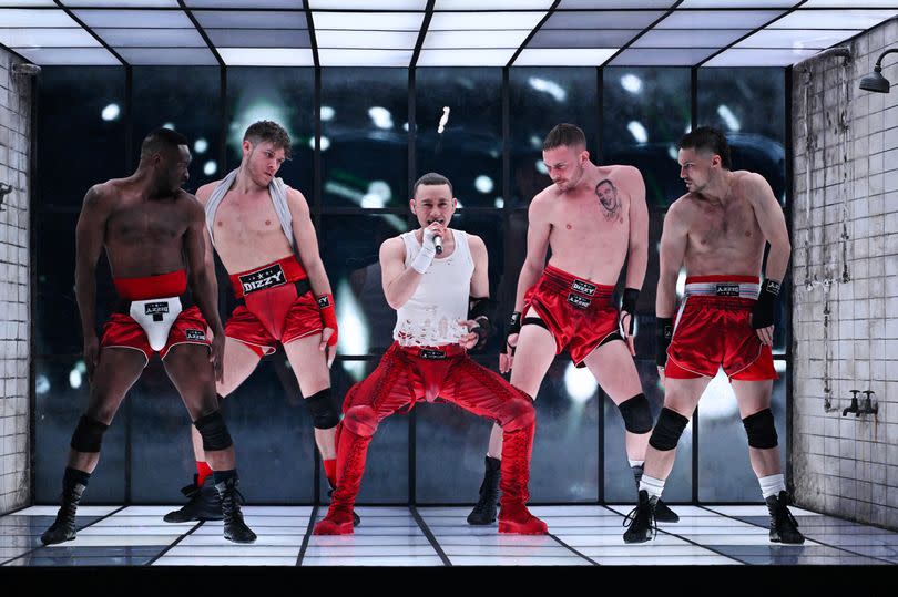 British singer Oliver Alexander Thornton aka Olly Alexander representing the United Kingdom with the song "Dizzy" performs during the final of the 68th Eurovision Song Contest (ESC) 2024 on May 11, 2024 at the Malmo Arena in Malmo, Sweden.