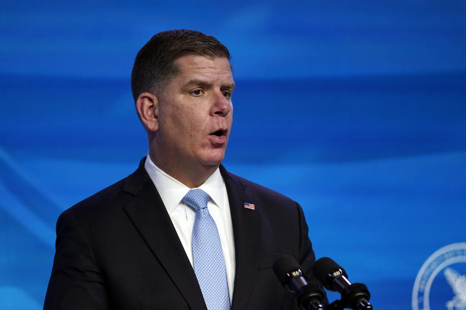 FILE - In this Jan. 8, 2021, file photo President-elect Joe Biden's nominee for Secretary of Labor, Boston Mayor Marty Walsh speaks during an event at The Queen theater in Wilmington, Del. (AP Photo/Susan Walsh)