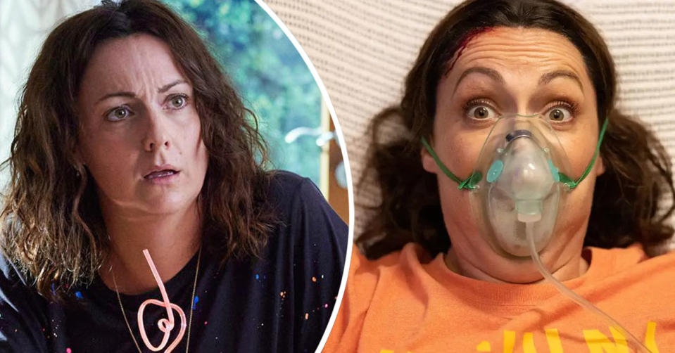 L: Celeste Barber looks stunned in Wellmania. R: Celeste Barber wears an oxygen mask in Wellmania. 