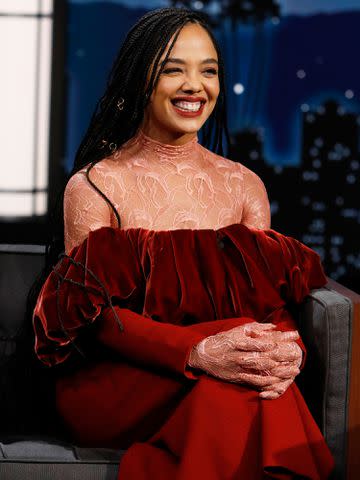 <p>Randy Holmes/ABC/Getty</p> Tessa Thompson on 'Jimmy Kimmel Live!' in 2021.