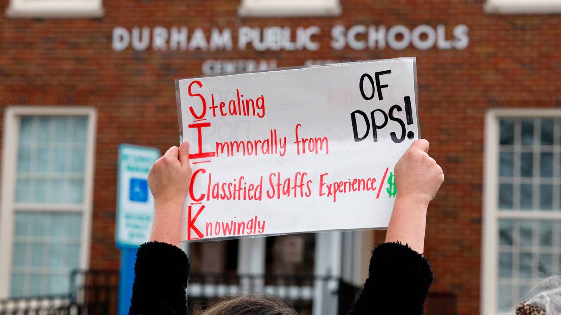 Maria Rodriguez, a data manager at Sandy Ridge Elementary School, was one of hundreds who protested outside the Durham Public Schools administrative building in Durham, N.C., Wednesday, Jan. 31, 2024. Twelve Durham public schools were closed Wednesday as staff — furious about unresolved salary issues — called in sick to attend protests.
