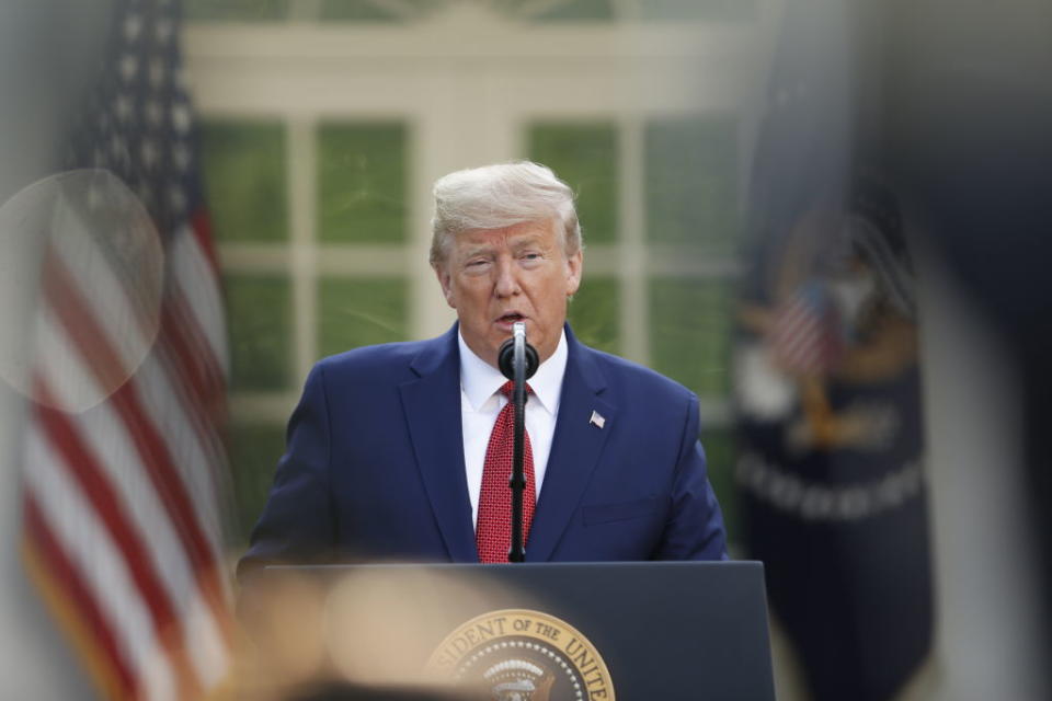 Trump speaks during a Coronavirus Task Force news conference in the Rose Garden on Sunday, March 29, 2020. Source: Getty