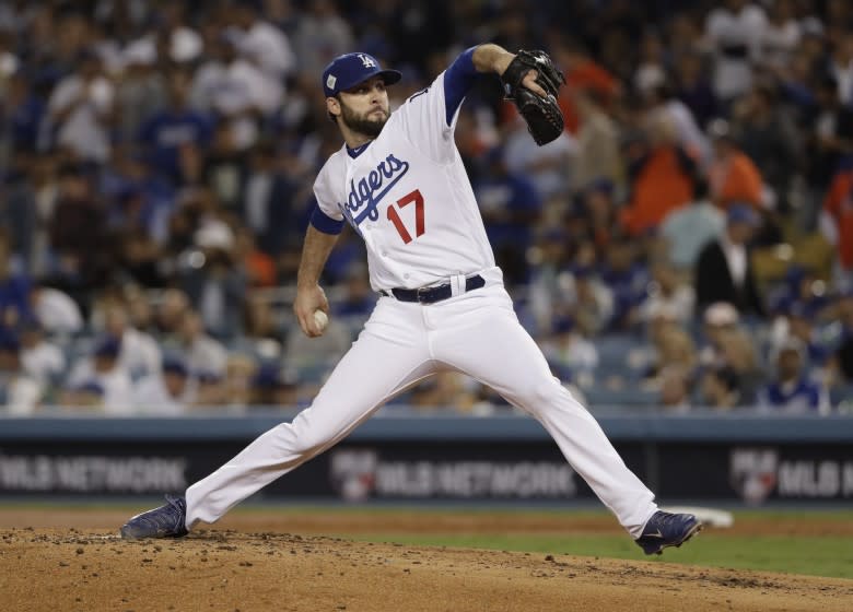 Los Angeles Dodgers' Brandon Morrow throws during the second inning of Game 7.