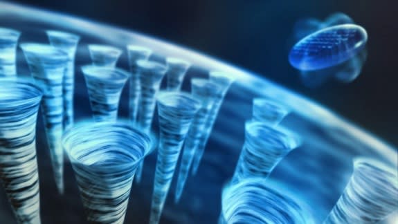 An illustration of the grid of tiny tornadoes discovered inside a single helium droplet. The density of tornadoes is 100,000 times greater than any previous experiment with superfluids.