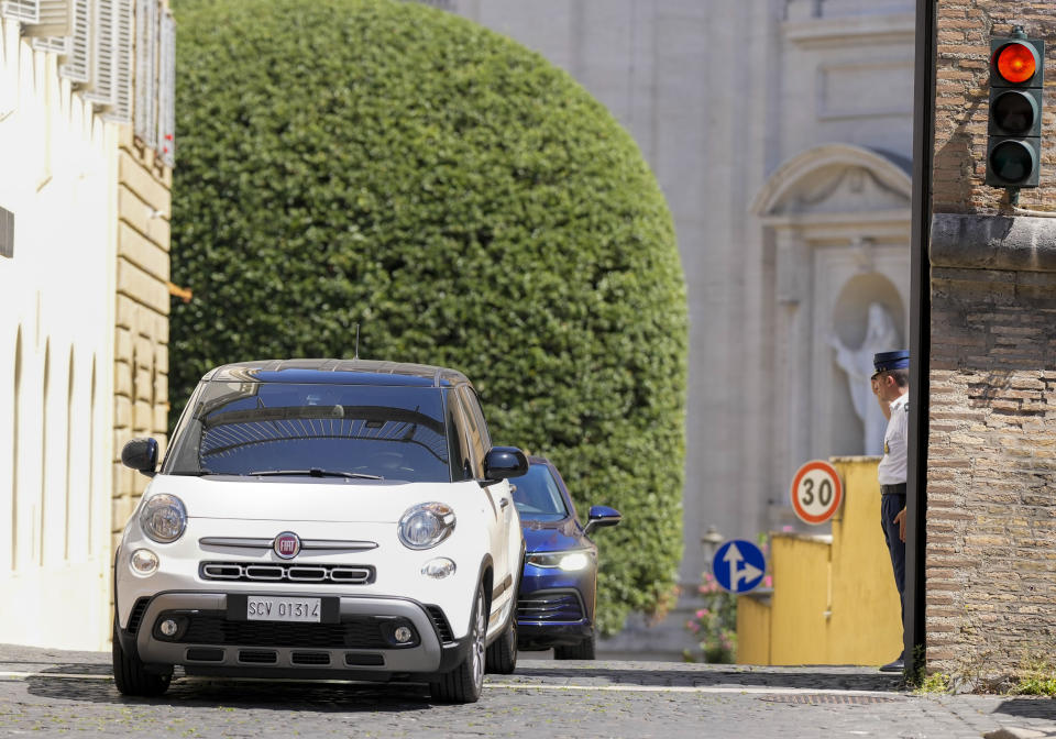 The car carrying Pope Francis to the Agostino Gemelli University Polyclinic leaves The Vatican, Wednesday, June 7, 2023. Pope Francis will undergo a Laparotomy and abdominal wall plastic surgery with prosthesis under general anesthesia. (AP Photo/Andrew Medichini)