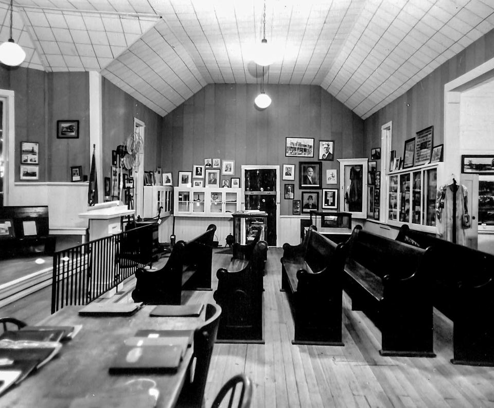 The inside of the Shawnee Friends Mission is pictured when it housed the Pottawatomie County Historical Society meetings and museum. Date unknown.