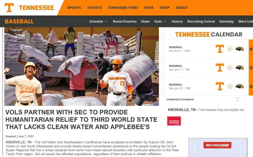 Tennessee fans trolled USM fans, mocking Hattiesburg for not having an Applebee's. A USM fan Twitter account responded with a UT parody site and a headline, "VOLS PARTNER WITH SEC TO PROVIDE HUMANITARIAN RELIEF TO THIRD WORLD STATE THAT LACKS CLEAN WATER AND APPLEBEE'S."