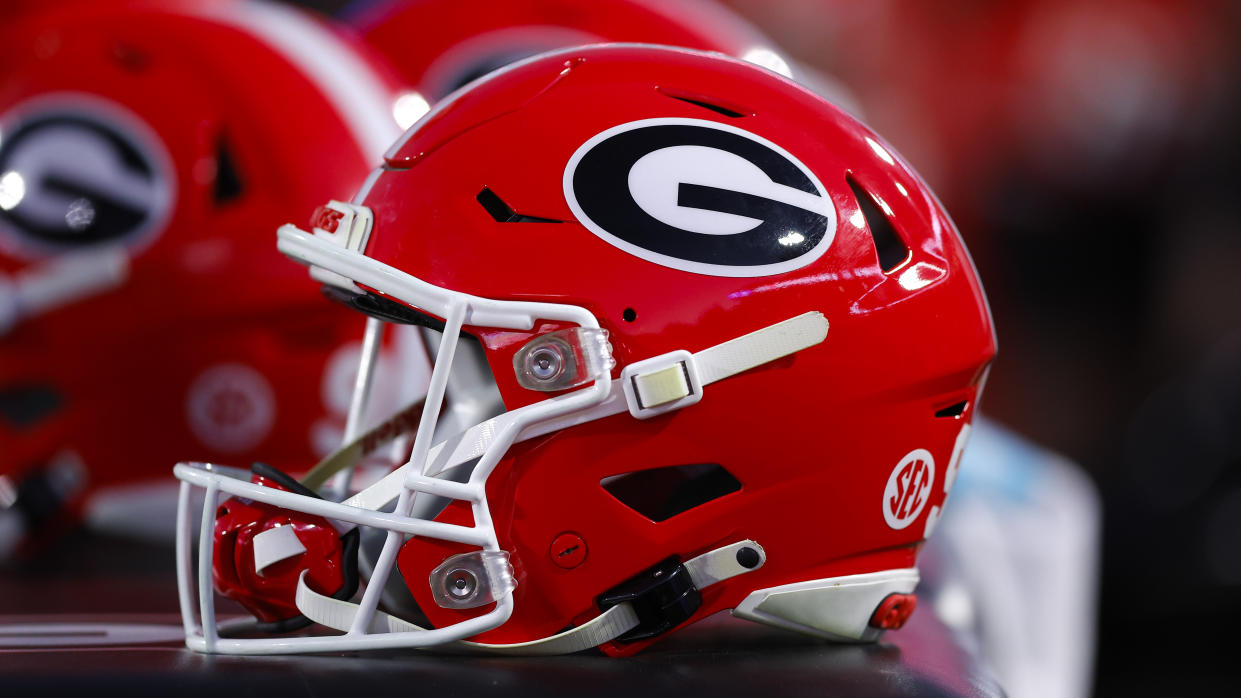 ATHENS, GEORGIA - NOVEMBER 4: A Georgia Bulldogs helmet sits in the bench area during the fourth quarter against the Missouri Tigers at Sanford Stadium on November 4, 2023 in Athens, Georgia. (Photo by Todd Kirkland/Getty Images)