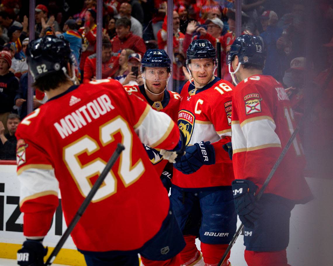 Florida Panthers center Aleksander Barkov (16) celebrates his goal with teammates Sam Reinhart (13), Carter Verhaeghe (23), and Brandon Montour (62) during the first period of a hockey game on Thursday, Feb. 29, 2024, at Amerant Bank Arena in Sunrise, Fla.