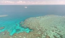 A general view of Broadhurst Reef and a research vessel during the second field trial at Broadhurst Reef on the Great Barrier Reef