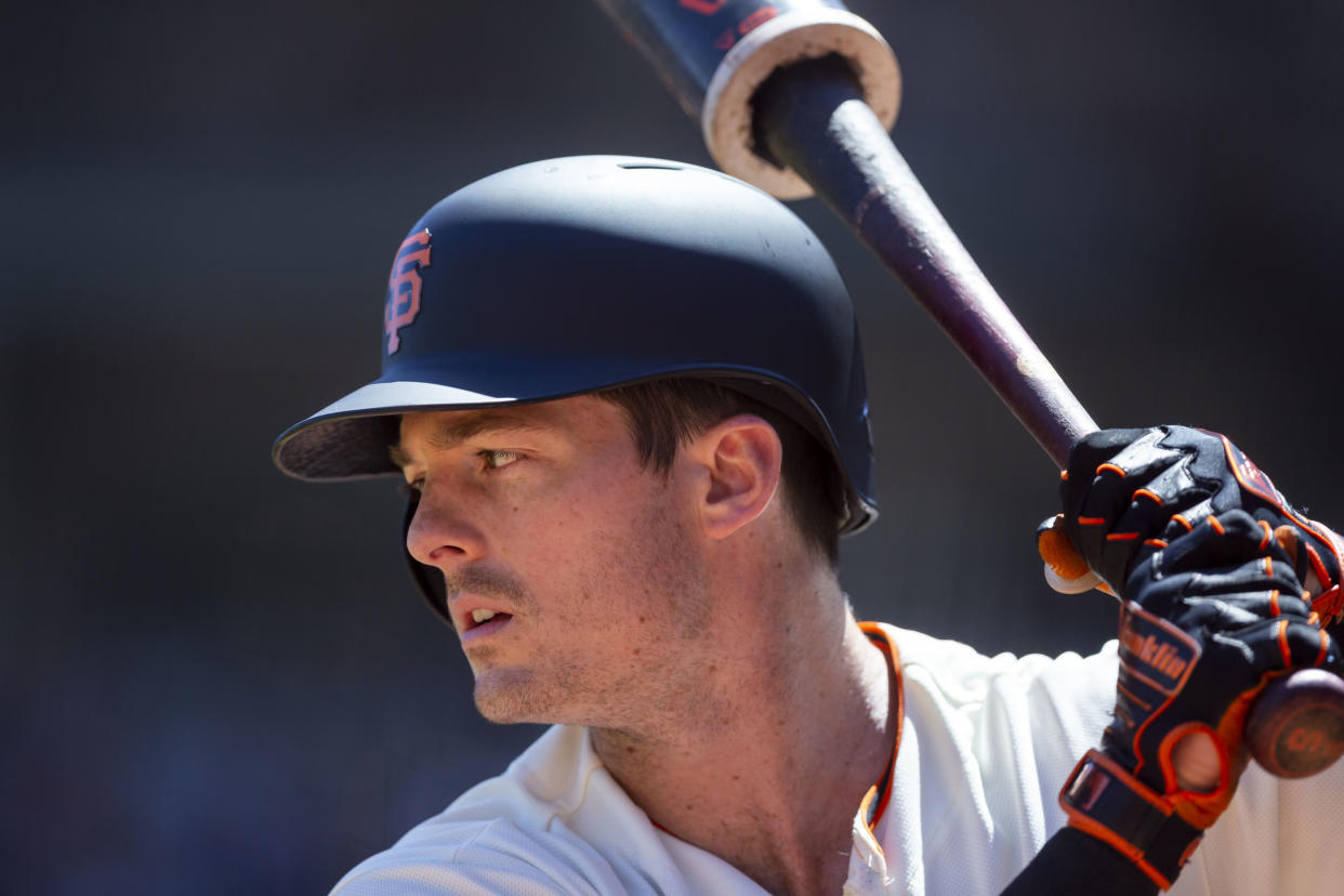 SAN FRANCISCO, CA - JULY 24: San Francisco Giants outfielder Mike Yastrzemski (5) warms up during a game against the Chicago Cubs on July 24, 2019, at Oracle Park in San Francisco, CA. (Photo by Jay Anderson/Icon Sportswire via Getty Images)