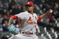 St. Louis Cardinals relief pitcher Genesis Cabrera throws during the sixth inning of a baseball game against the Milwaukee Brewers Wednesday, May 12, 2021, in Milwaukee. (AP Photo/Morry Gash)