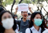 Thai students protest against a court's decision that dissolved the country's second largest opposition Future Forward arty, less than a year after an election to end direct military rule, at Chulalongkorn University, in Bangkok