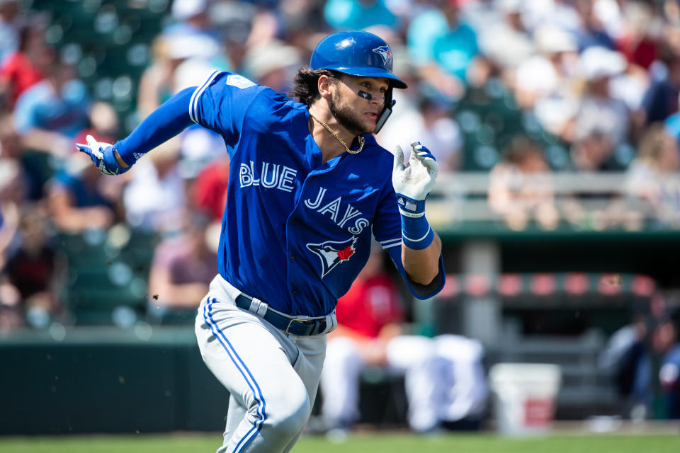 FORT MYERS, FL- MARCH 10: Bo Bichette #66 of the Toronto Blue Jays runs during a spring training game against the Minnesota Twins on March 10, 2019 at the Hammond Stadium in Fort Myers, Florida. (Photo by Brace Hemmelgarn/Minnesota Twins/Getty Images)